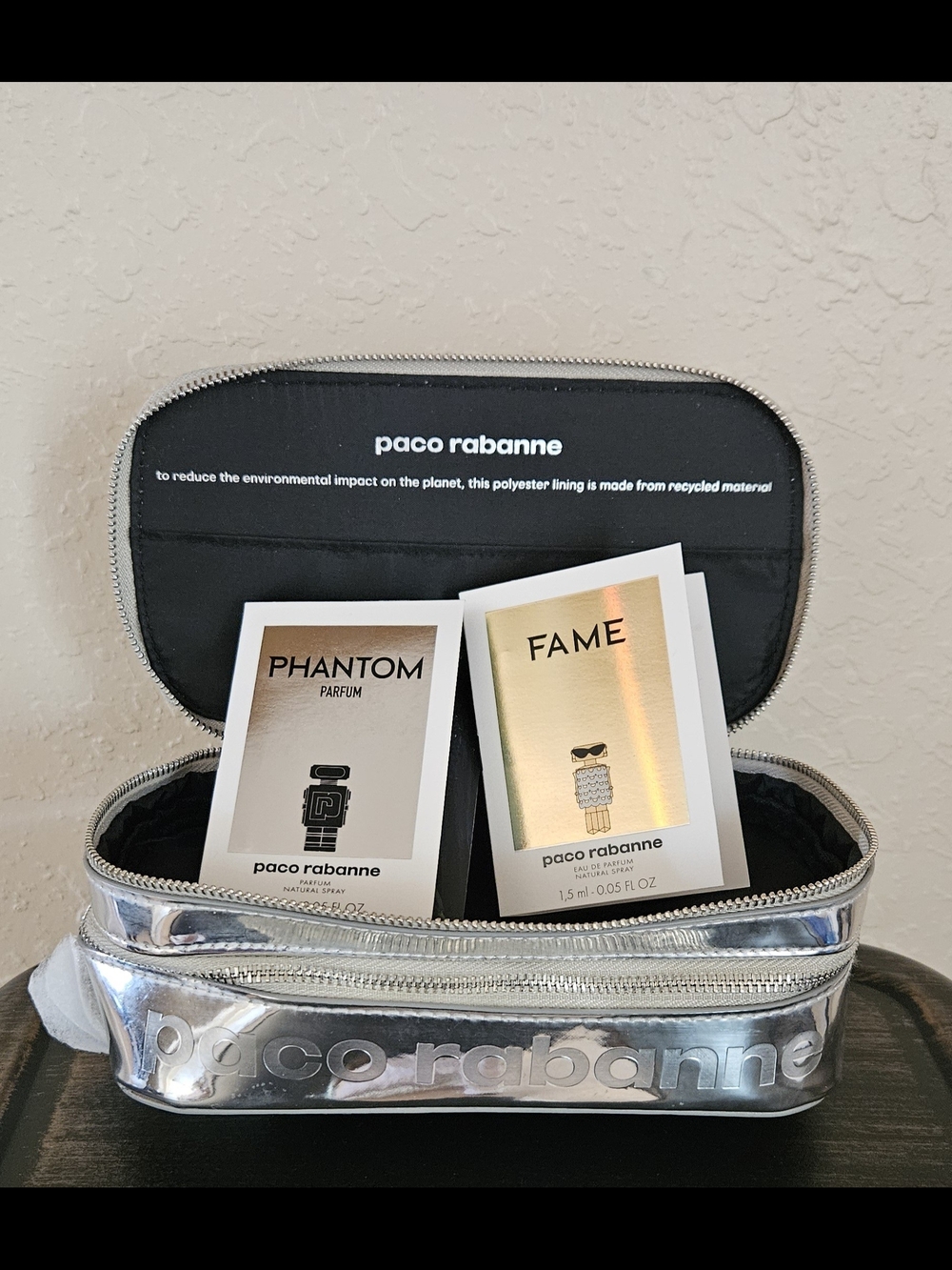 Paco Rabanne Silver Metallic Logo Cosmetic Pouch